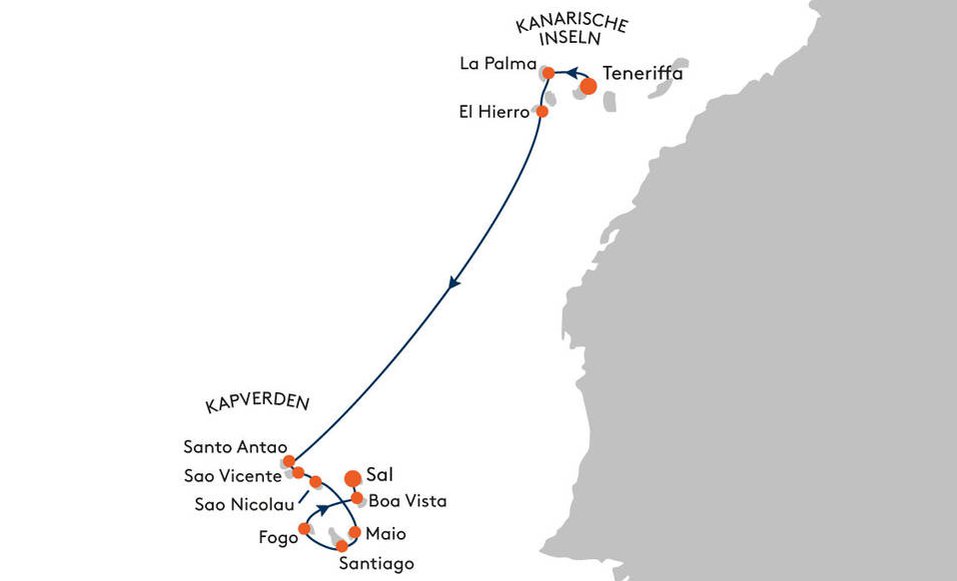 Die Route der "HANSEATIC inspiration" von Teneriffa nach Sal