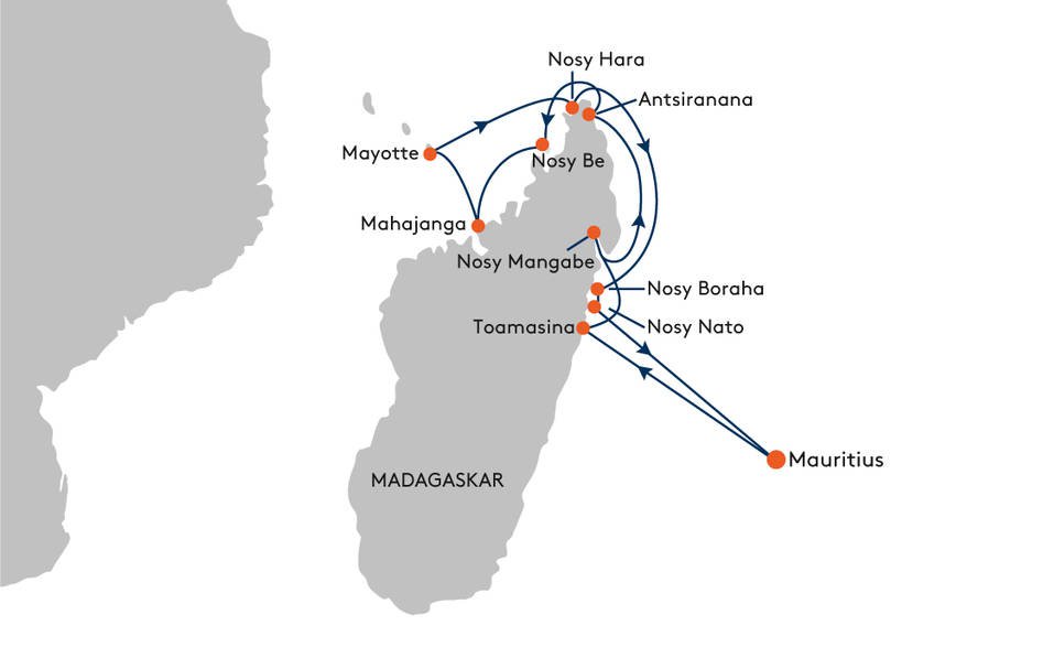 Die Route der "HANSEATIC spirit" von Mauritius nach Mauritius