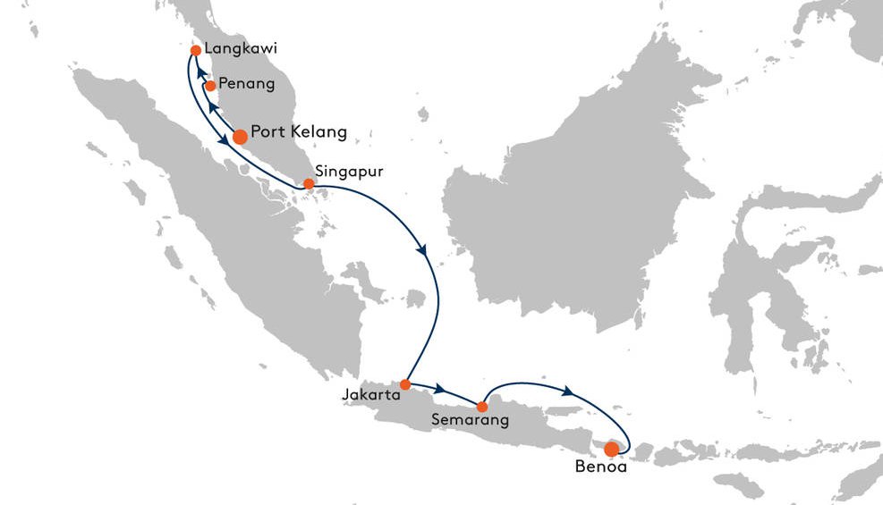 Die Route der MS EUROPA 2 von Port Kelang (Kuala Lumpur) nach Benoa (Bali)