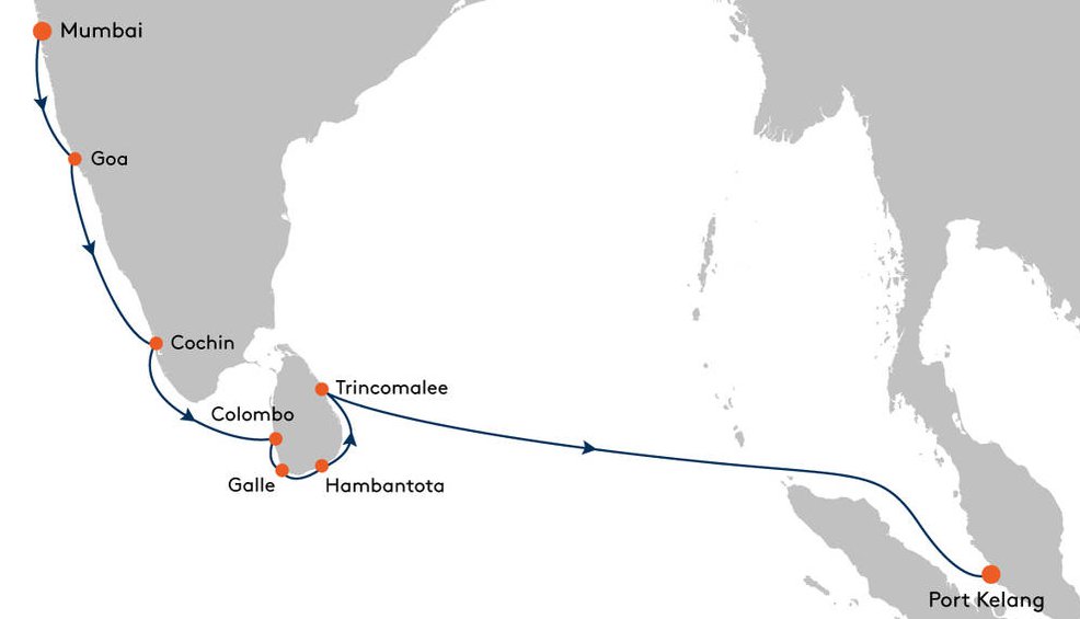 Die Route der MS EUROPA 2 von Mumbai nach Port Kelang (Kuala Lumpur)