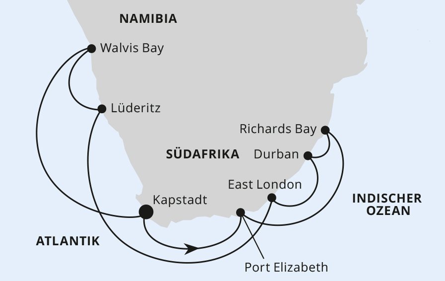 Südafrika & Namibia mit AIDAaura - Route