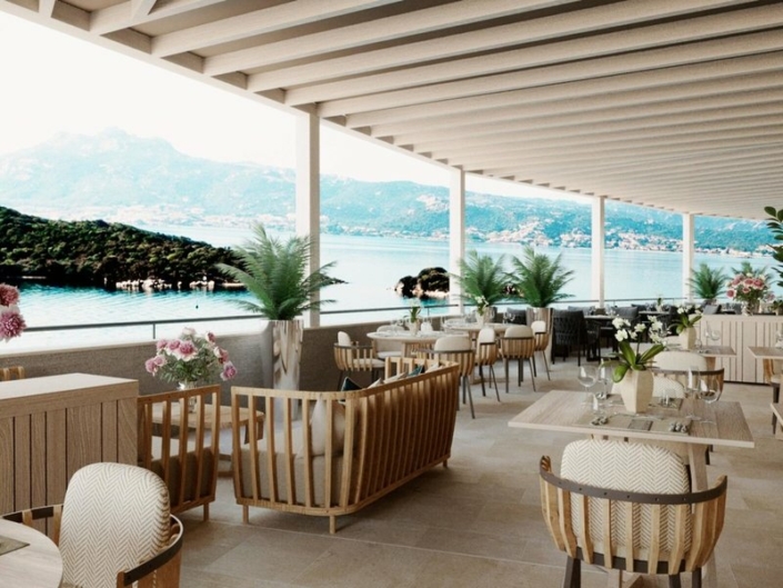 7Pines Resort Baia Sardinia - Auf der Bar Terrasse mit Blick aufs Meer