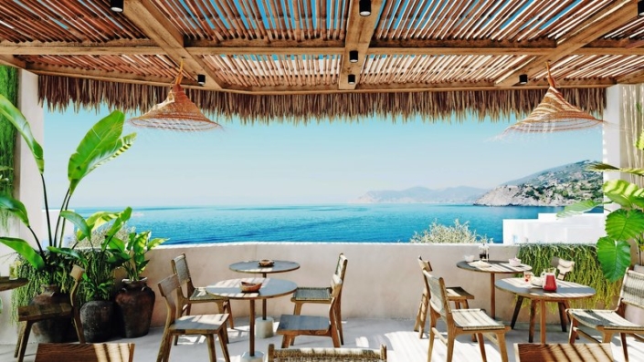 Habitat Mykonos Kykladen - Auf der Restaurant Terrasse