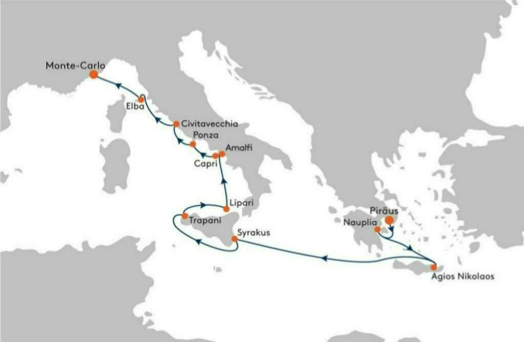 Sommerhoch2 mit Hapag-Lloyd Cruises - Von Piräus nach Monte Carlo - die Route