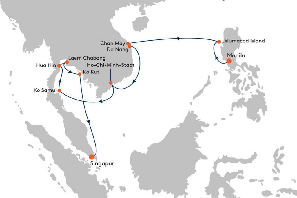Asien de Luxe mit Hapag-Lloyd Cruises - Weiße Strände, bunte Metropolen - Route