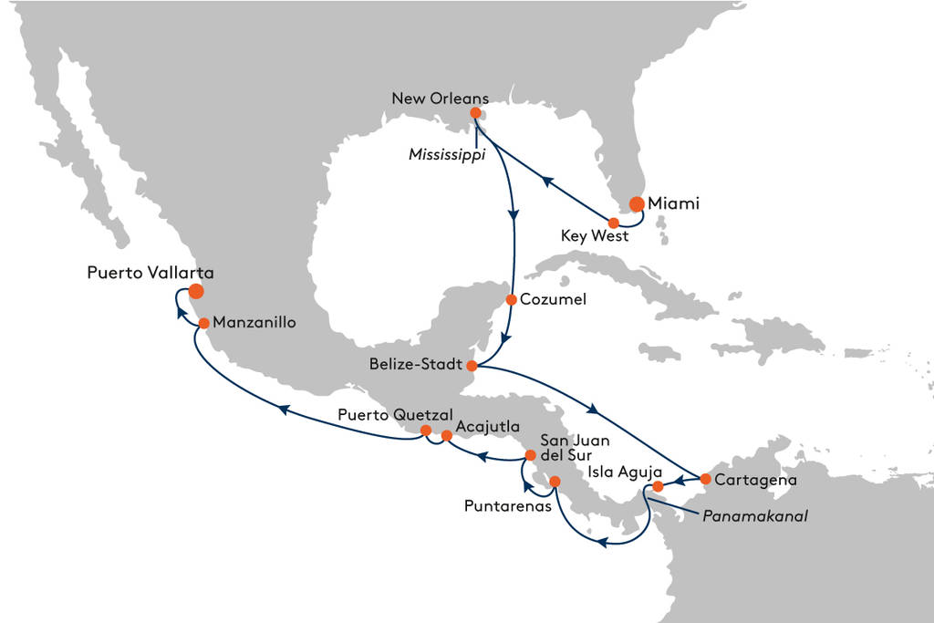 MS EUROPA - Die beste Zeit der Welt - Südstaatenflair und das Erbe der Maya - Route