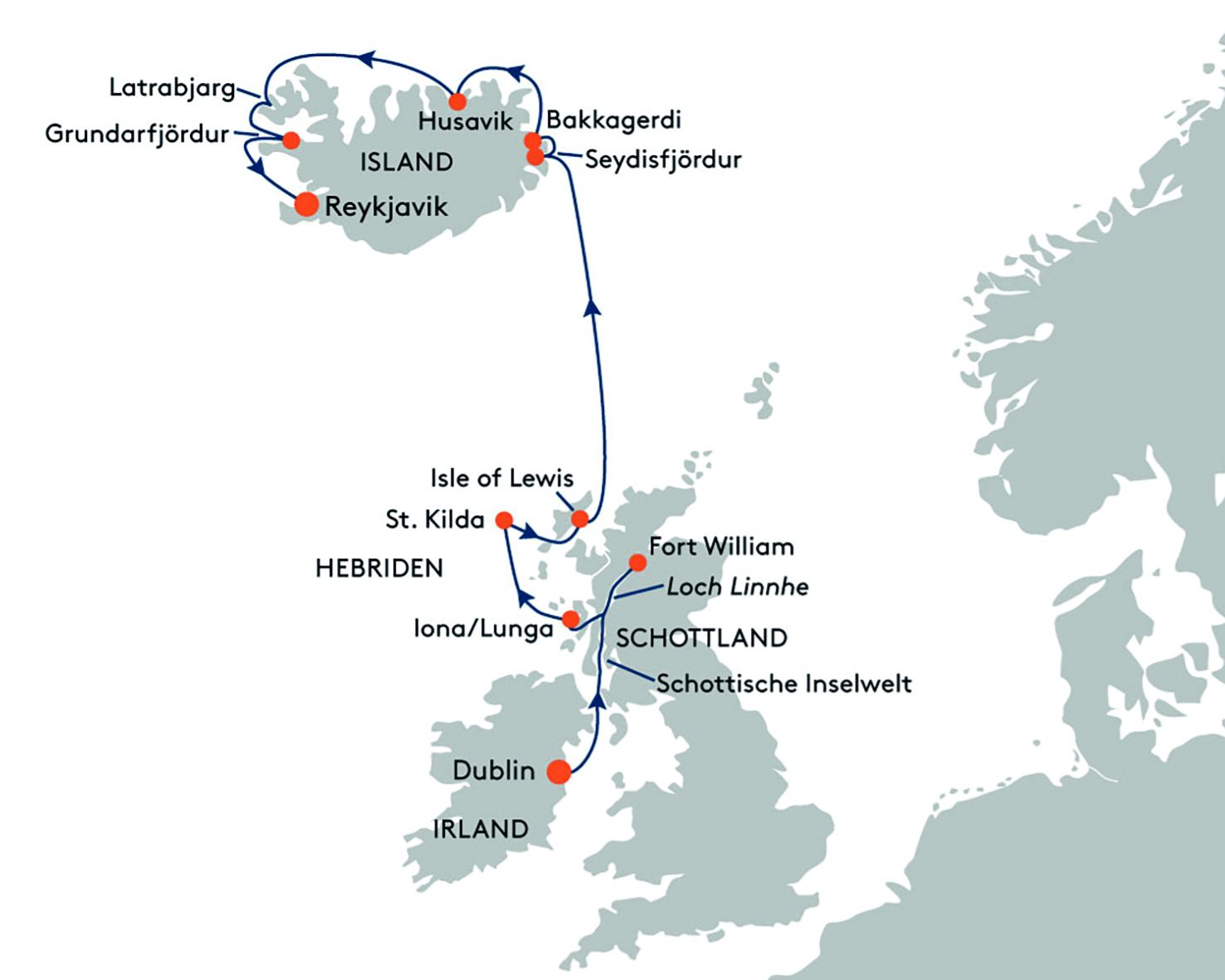 Attraktive Preisvorteile mit Hapag Lloyd - Expedition Wildes Schottland und Island – Von den Highlands bis ins Elfenland - Route