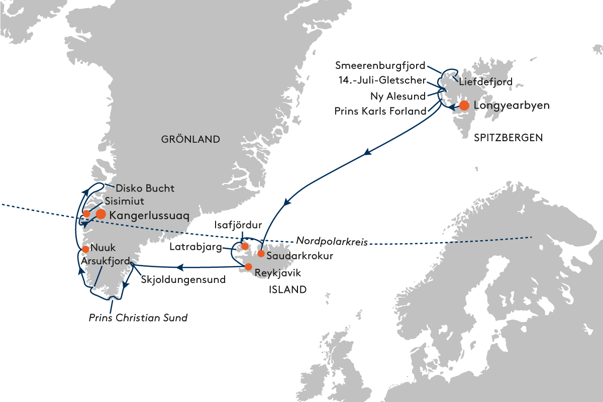 Attraktive Preisvorteile mit Hapag Lloyd - Expedition Spitzbergen, Island und Grönland - Trilogie polarer Sehnsuchtsziele Route